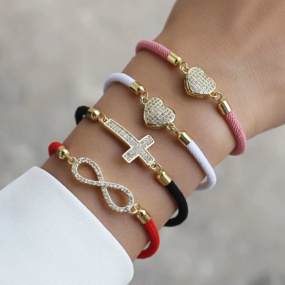 Trendy Zirkoon Hart Kruis 8-vormige Armband Charme Verstelbare Weving Paar Vriendschap Armband Voor Vrouwen