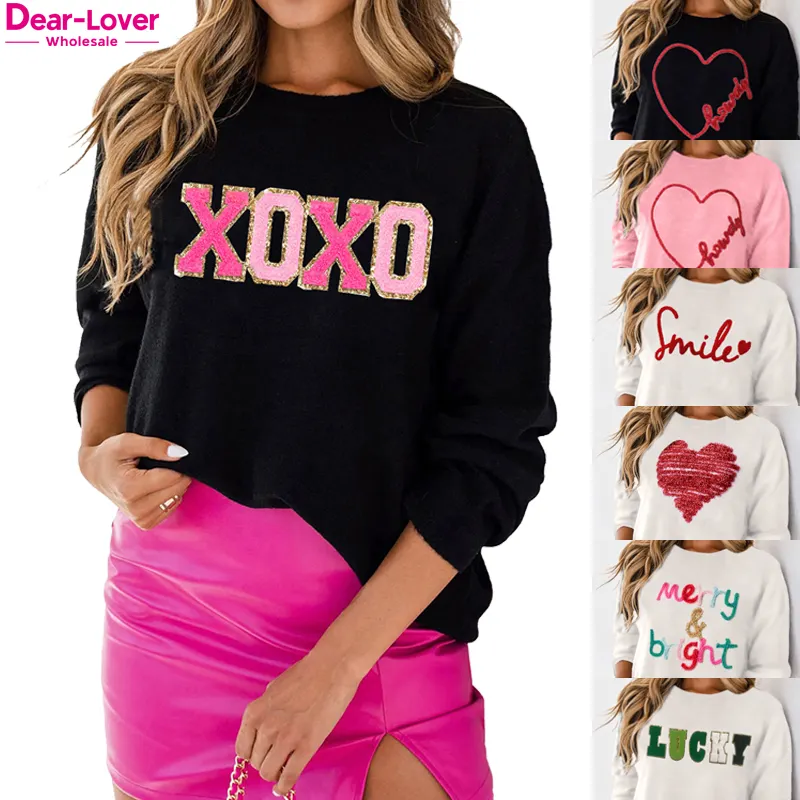 Dear-Lover OEM ODM Private Label Wholesale High Quality Valentines Embroidery Crew Neck Oversized Pullover Knitted Sweater Women