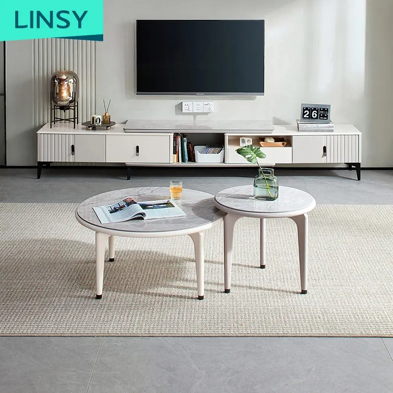 Современная Выдвижная ТВ-подставка Linsy с мраморным верхом и переносной центральный стол, роскошный круглый деревянный журнальный столик для гостиной Ls227M2