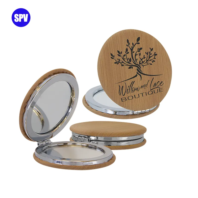Hadiah pengiring pengantin pribadi cermin kosmetik rias Mini perjalanan fesor Compacto cermin kompak kulit berukir Laser kustom