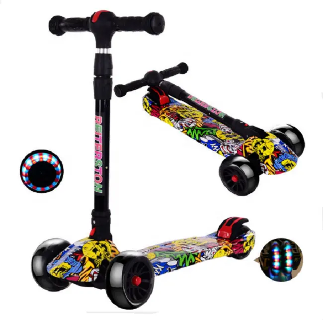 Gyropo-trottinette portable pliable pour enfants, scooter à 3 roues, graffiti, voitures clignotantes, scooter portable, une clé