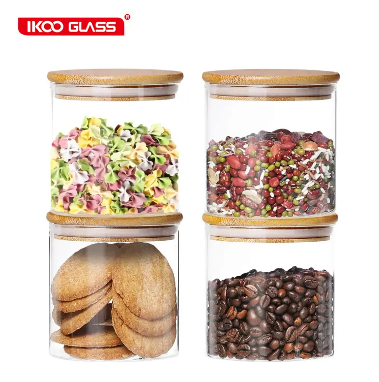 IKOO-botes de vidrio con tapas herméticas de bambú para cocina, contenedor transparente para almacenamiento de alimentos, productos secos, 18,6 OZ, 4 paquetes