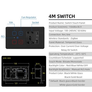 India Standard controllo app Zigbee luce ventola presa a parete combinazione di vetro 16A interruzione di corrente funzione timer di memoria - Product Image 3
