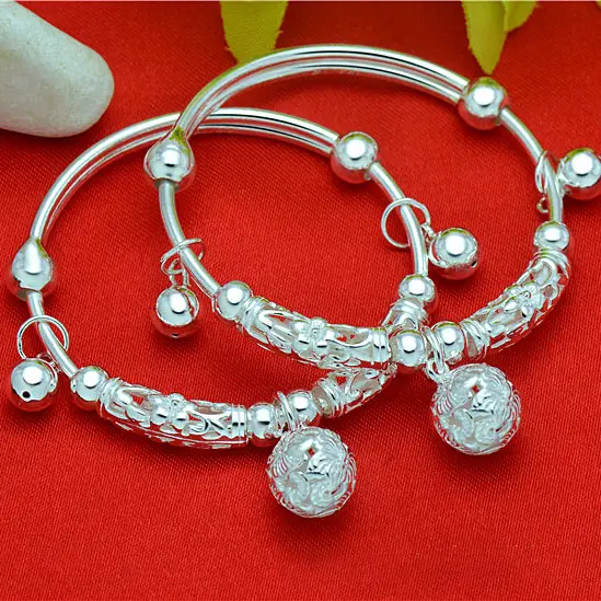 Wholesale jewelry pure silver 990 children's bell bracelet adjustable hollow sterling silver baby bracelet