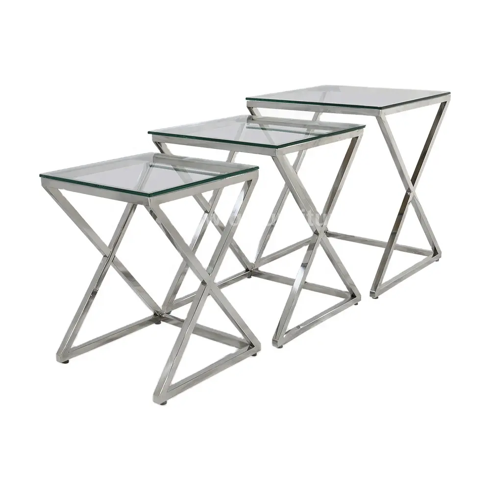 Mesas de centro de lujo nórdicas para sala de estar, vidrio templado transparente con diseño de metal, tubos de acero inoxidable plateados, mesa de centro anidada
