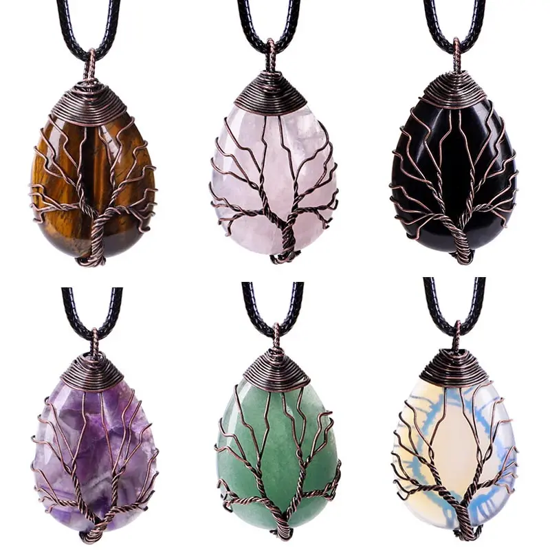 Colgante de cristal con forma de gota de piedra Natural, colgante de alambre de árbol de la vida, collar de piedras preciosas, joyería de moda