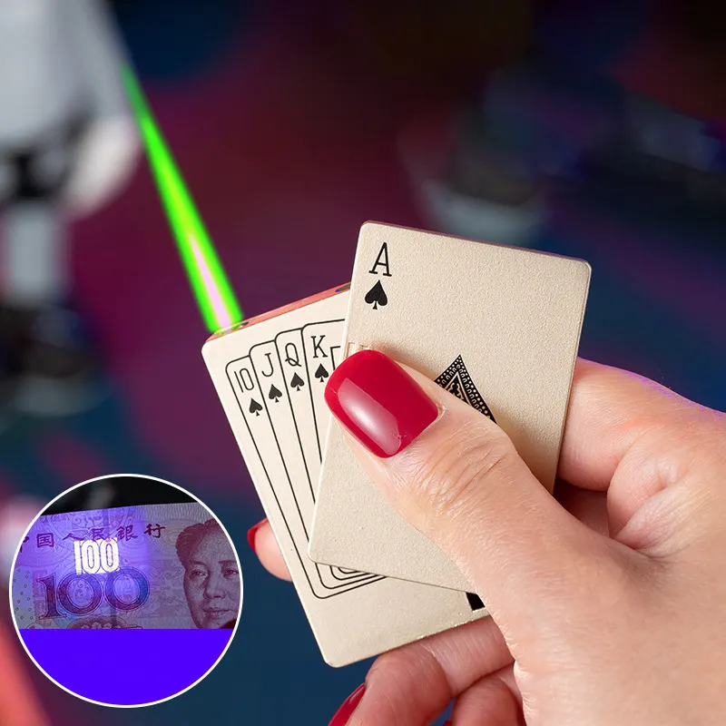 Poker nhẹ hơn butan khí máy bay phản lực ngọn lửa màu xanh lá cây với giả hóa đơn Detector chơi thẻ nhẹ hơn