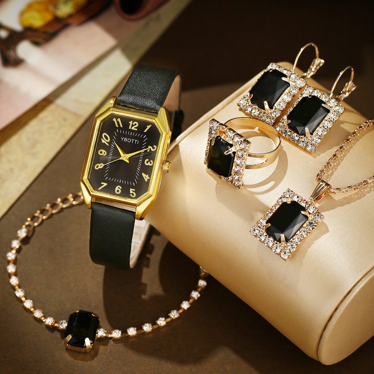 Black Square rhinestone jewelry set of 5 suit