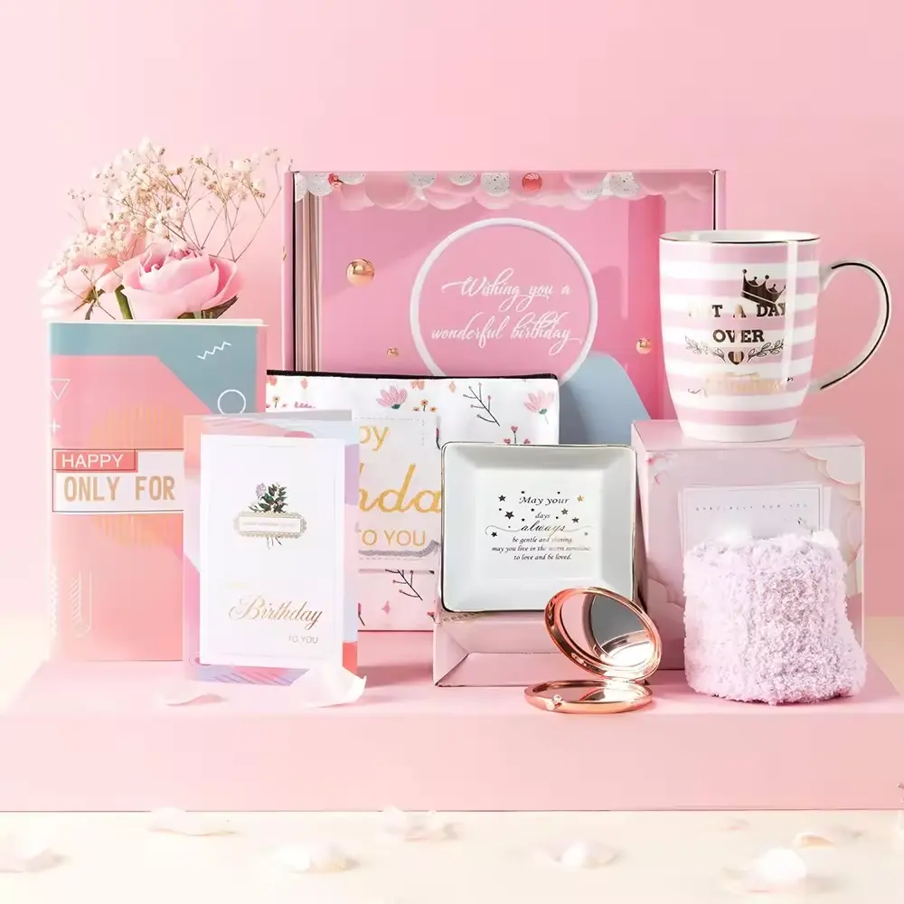 Impression de logo personnalisé Tasse en céramique unique pour femmes Boîte à cosmétiques de maquillage Kit de cadeaux d'anniversaire Boîte d'emballage pour maman Panier cadeau pour elle