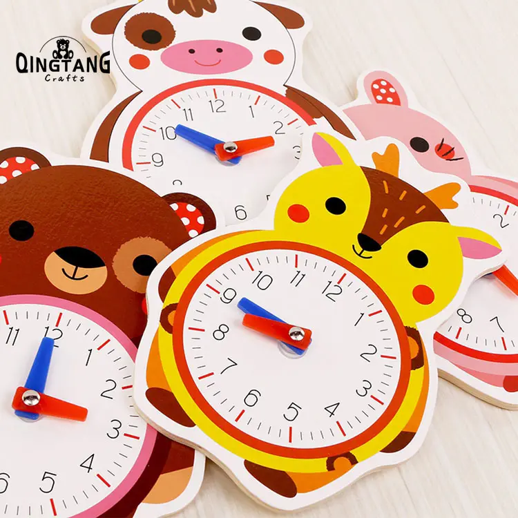 Juego de aprendizaje de tiempo de dibujos animados, tablero de actividades de madera, reloj de animales, juguete