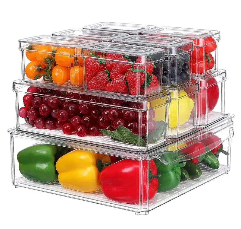 Atualizado 10 Pack Plastic Fridge Organizer Bins empilháveis com tampas e dreno Bandeja