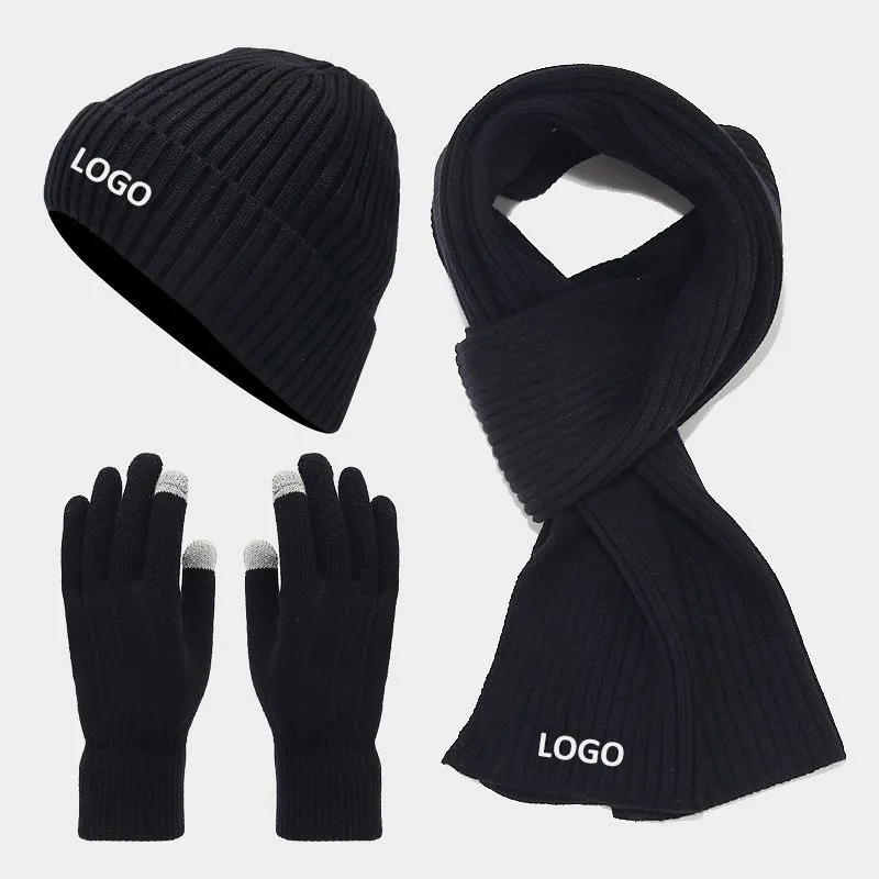 Ensemble de trois pièces d'hiver en tricot acrylique unisexe avec étiquette personnalisée ensemble de bonnets chapeaux écharpe gants en polaire avec logo brodé