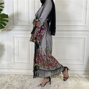 Bordado patrón de flores encaje transparente largo abierto clásico musulmán última moda diseño de encaje Abaya - Product Image 2
