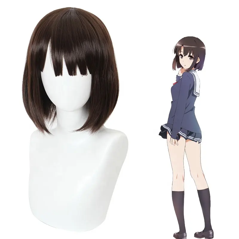 Atacado Novo Otherside Piquenique Peruca Cosplay 35cm Curto Marrom Escuro Megumi Kato Sintético Anime Peruca De Cabelo Resistente Ao Calor