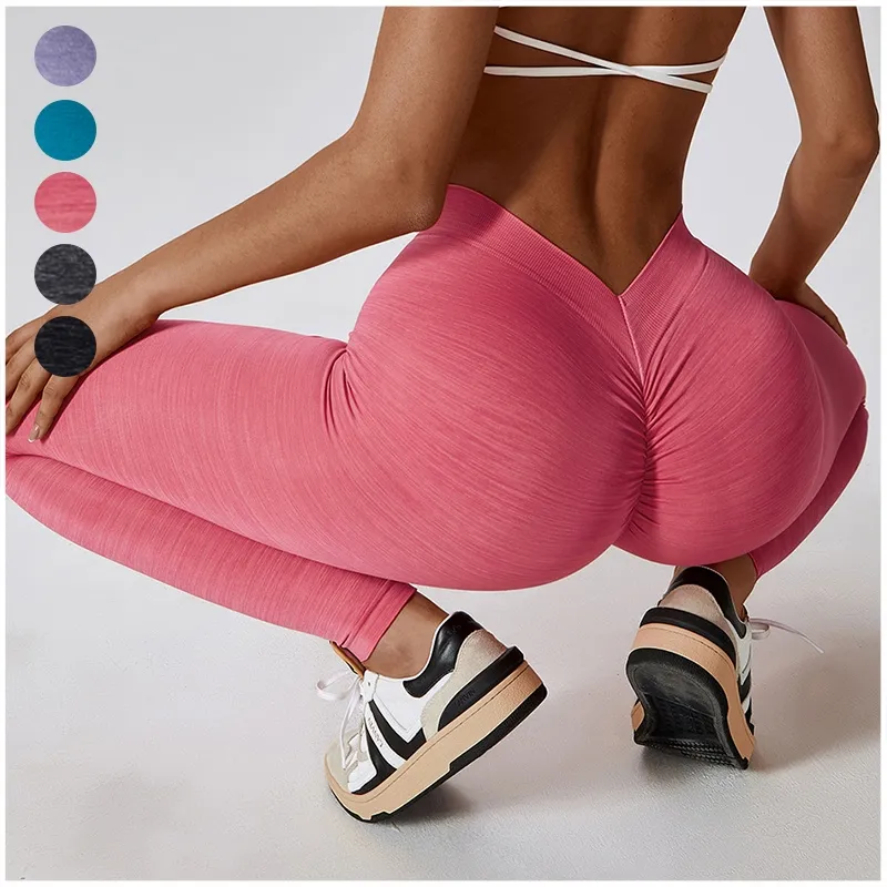 Venta al por mayor V Back Gym Pants Tights High Waist Scrunch Butt Lifting Workout Running Quick Dry Seamless Yoga Leggings para mujeres
