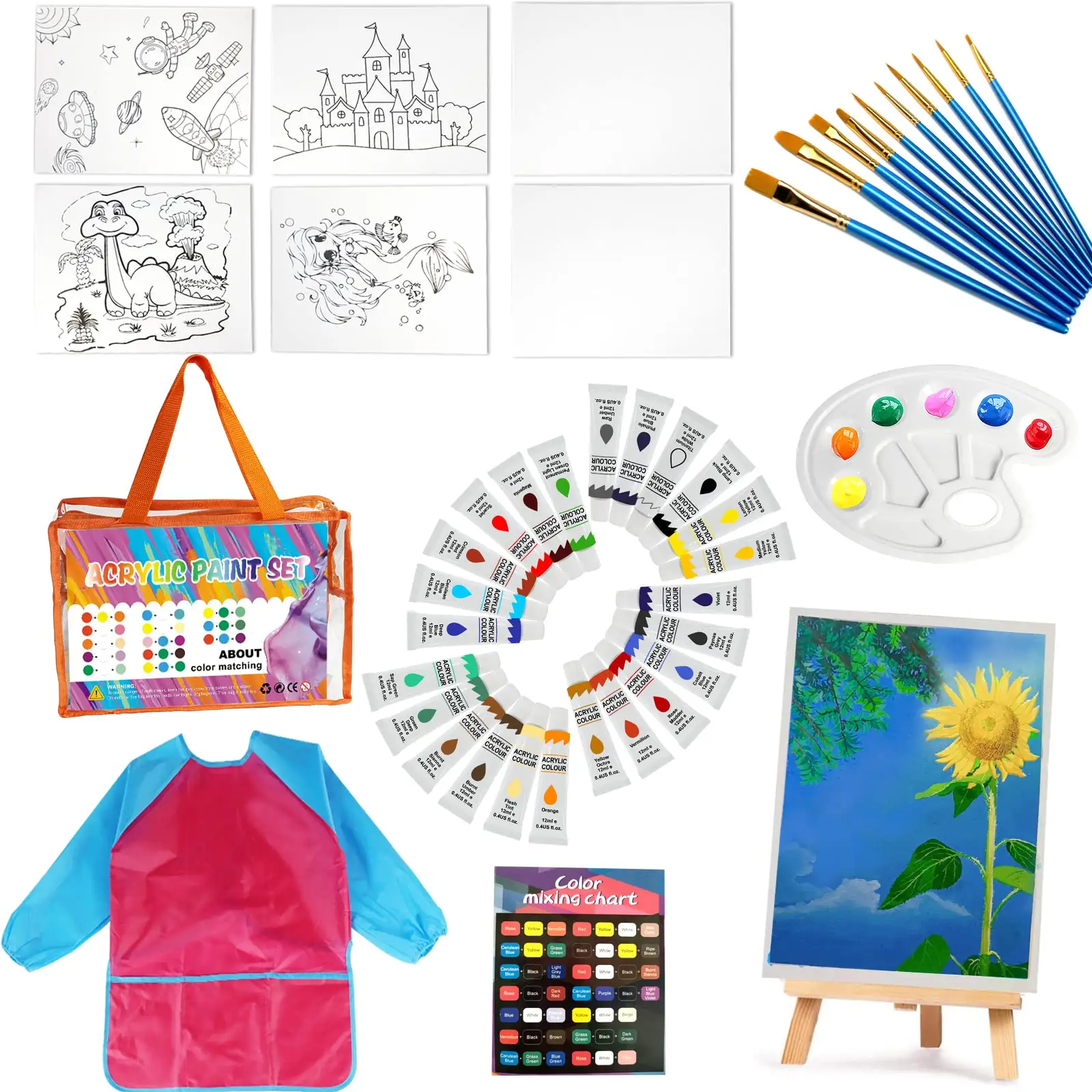 Kit di pittura su tela da colorare prestampato con vernice fai-da-te forniture artistiche per bambini per disegnare con grembiule Set di Palette di colori per cavalletto con pennello su tela
