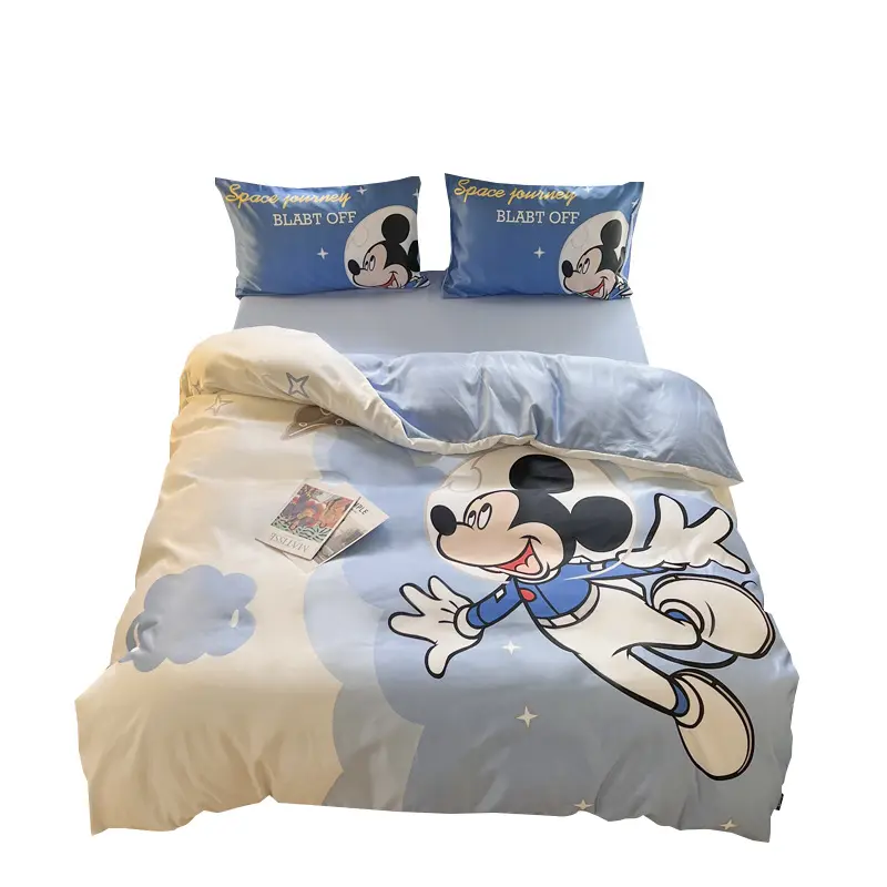 Juego de cuatro piezas de seda lavada con estampado de artoon, ropa de cama para dormir desnuda, suave y sedosa