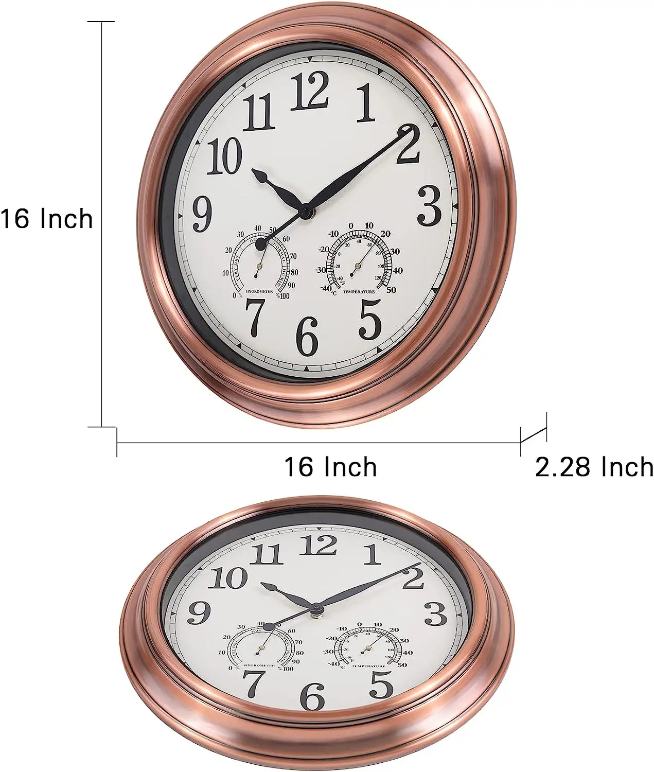 온도 및 습도 라운드 사일런트 대형 레트로 시계 16 인치 야외 골동품 벽 시계 금속 방수 벽 시계