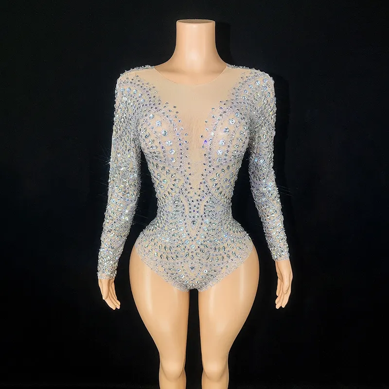 NOVANCE Frauen Großhandel Kleidung Overall glänzende Diamanten funkelnde dehnbare Mesh sexy Bodysuit Stage Dance Wear für Leistung