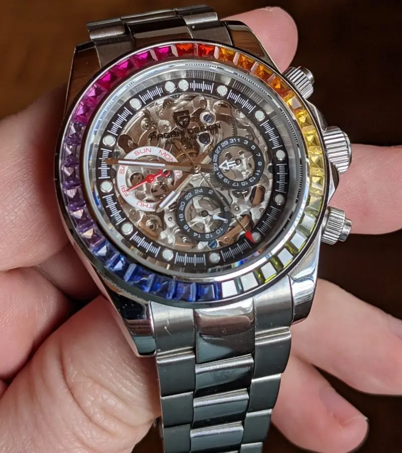 Reloj automático de diamantes arcoíris mecánico de acero inoxidable personalizable de lujo para hombre, reloj Movt resistente al agua de 100M