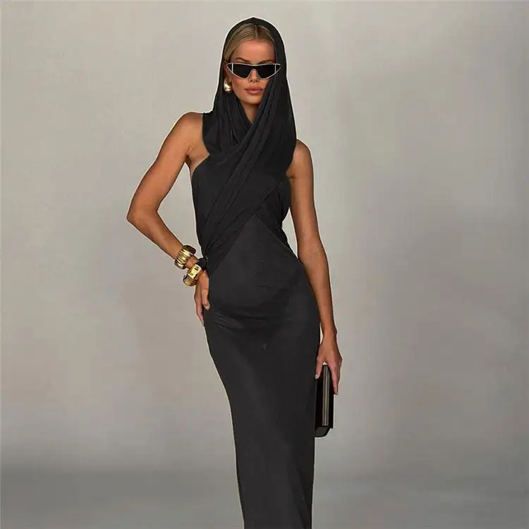 New Fashion Sleeveless Hooded Sexy Maxi Dress Solid Bodycon Elegant Backless Dress For Women Lady