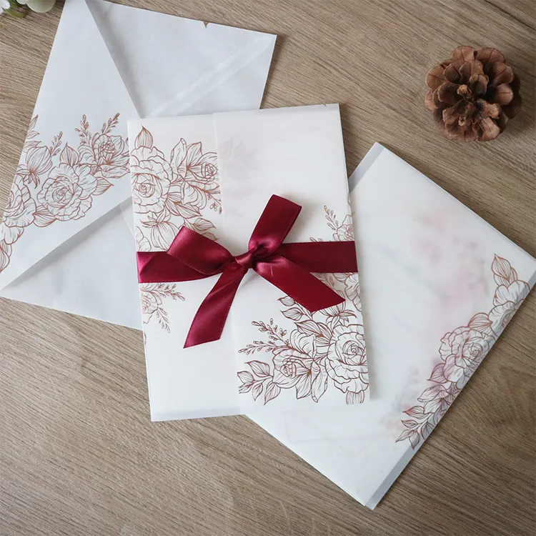 Corte a laser cartões do convite do casamento elegante e luxuoso dourado calor stamping rose com rastreamento de envelopes de papel