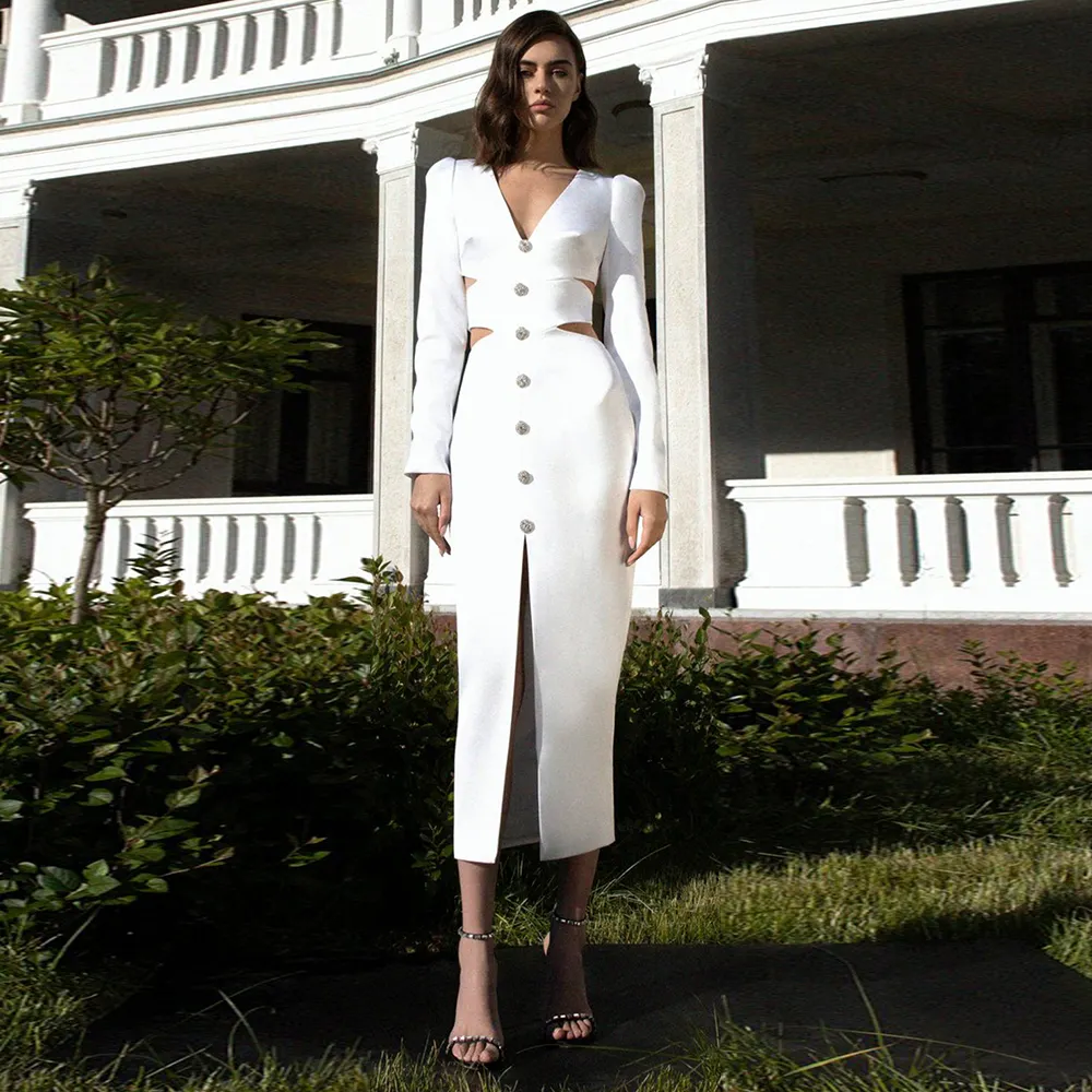 新しいファッションドレープホワイト膝丈レディースフィットドレス女性用長袖フォーマル包帯ドレス