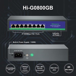 Hisourceフルギガビット8ポートイーサネットスイッチサポートIEEE 802.3af/at IPカメラ/CCTVセキュリティ用ネットワークスイッチ
