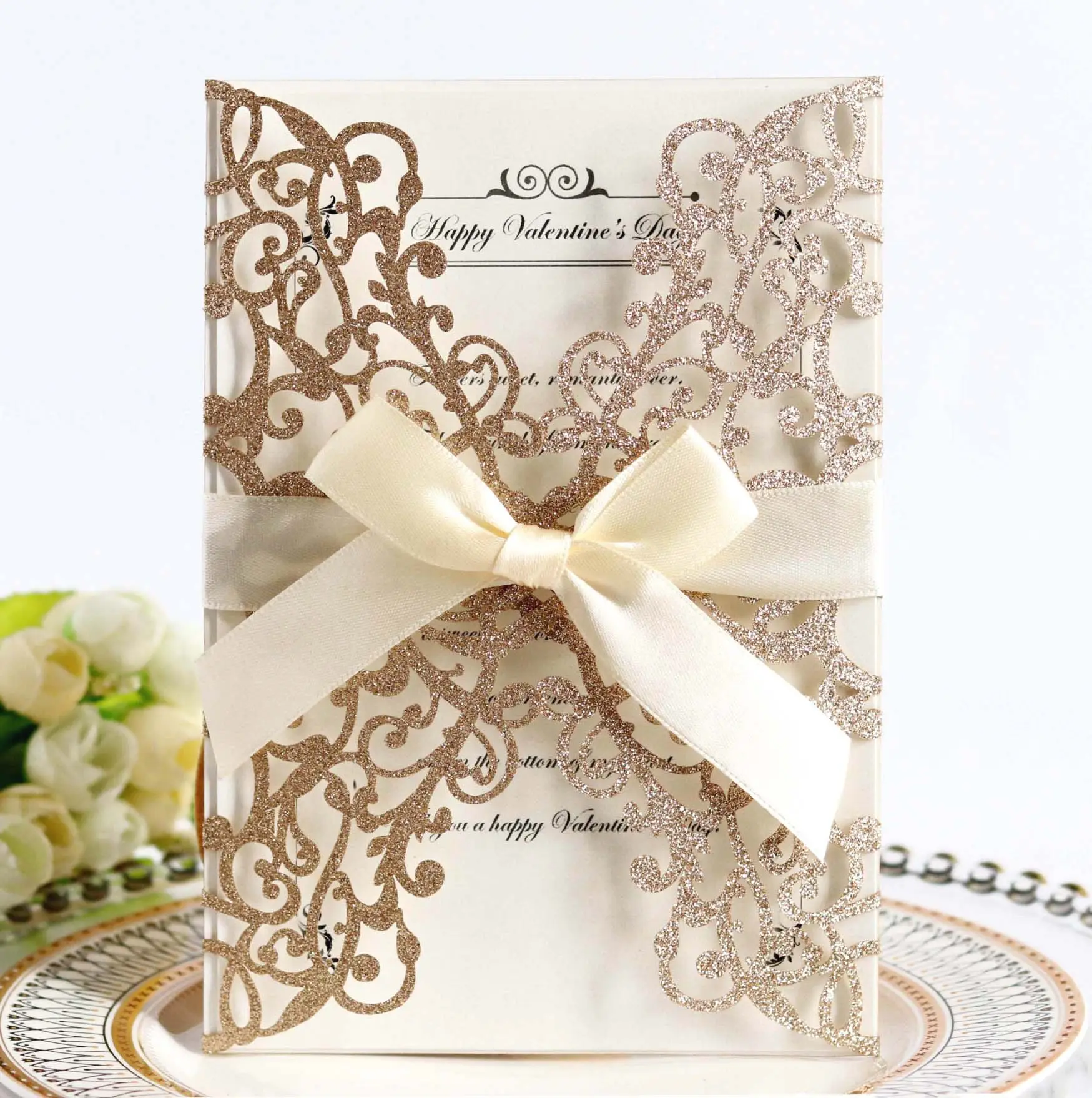 Custom Glitter Laser Cut Convites De Casamento cartão com Fita e Envelopes Cartão personalizado do convite do casamento