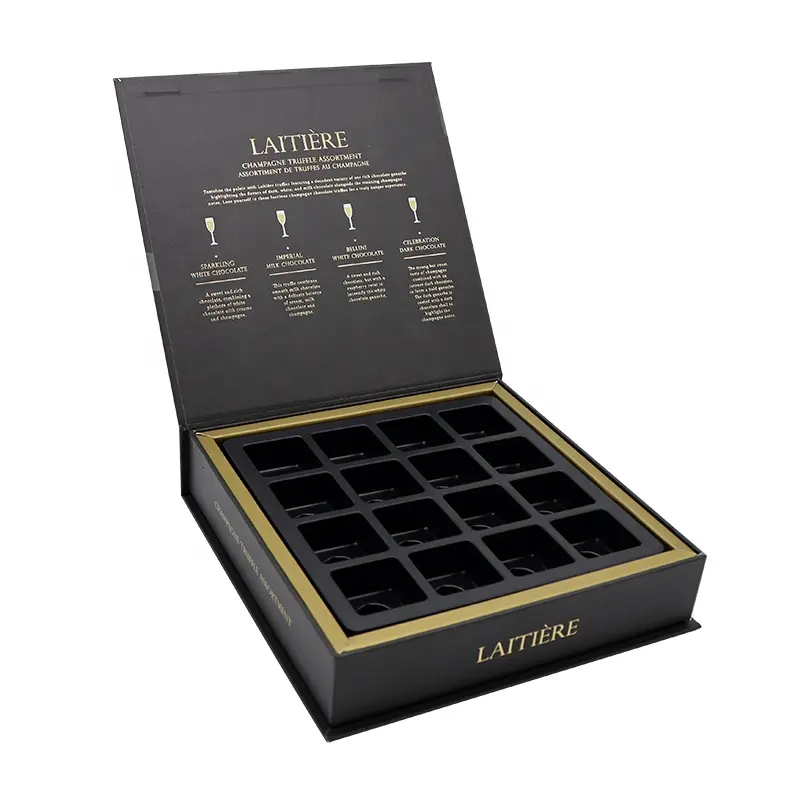 Caja de embalaje de bombones de chocolate con tapa de papel con logotipo de lámina de oro personalizado de lujo al por mayor con tapa abatible