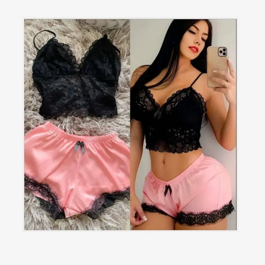 Pijama de encaje Sexy para mujer, lencería de sección fina, imitación de tela de seda, pijama de moda