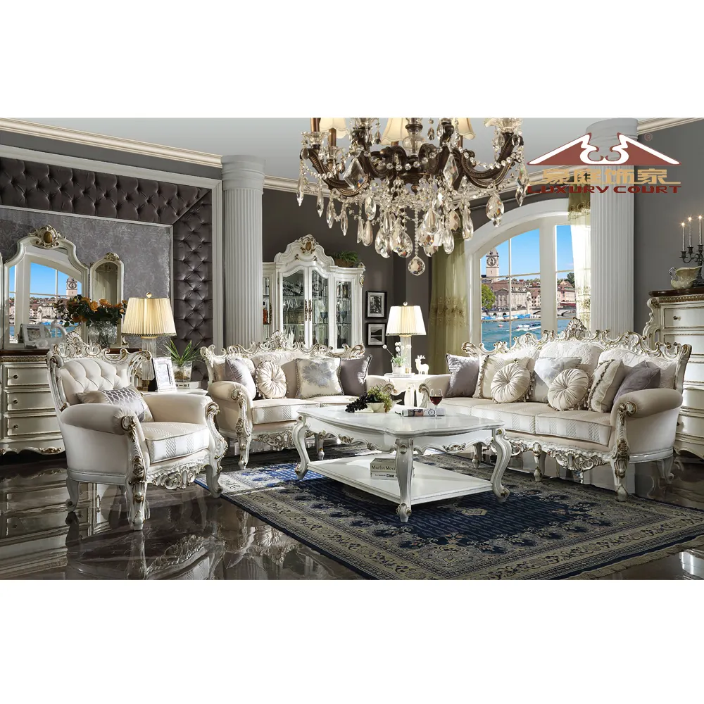 LongHao Luxury top end classico stile intagliato divano reale mobili soggiorno divano antico di lusso set divano in tessuto rosso oro