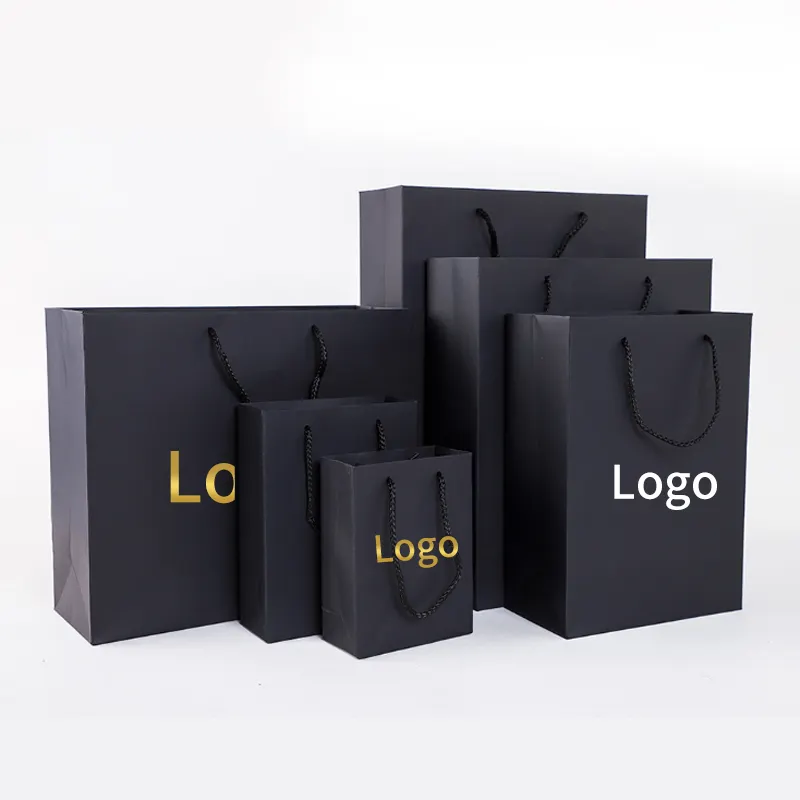 최고의 판매 선물 가방 핸들 사용자 정의 로고 종이 가방 블랙 쇼핑 포장 가방