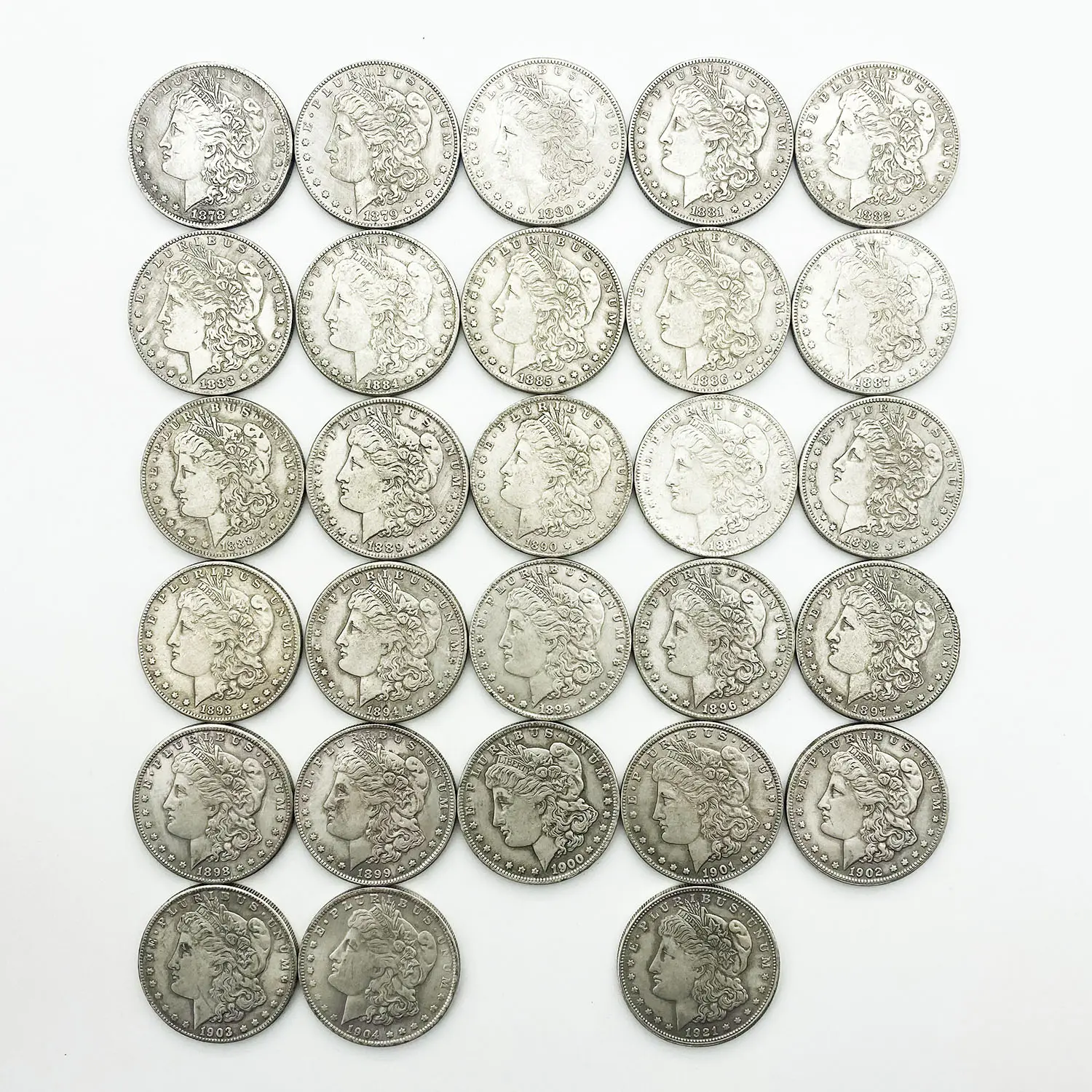 Réplique de pièces de monnaie hobo morgan, laiton plaqué argent, métal de collection américaine et ancienne américaine, 1878 ~ 1895 ~ 1904 et 1921, 28 pièces