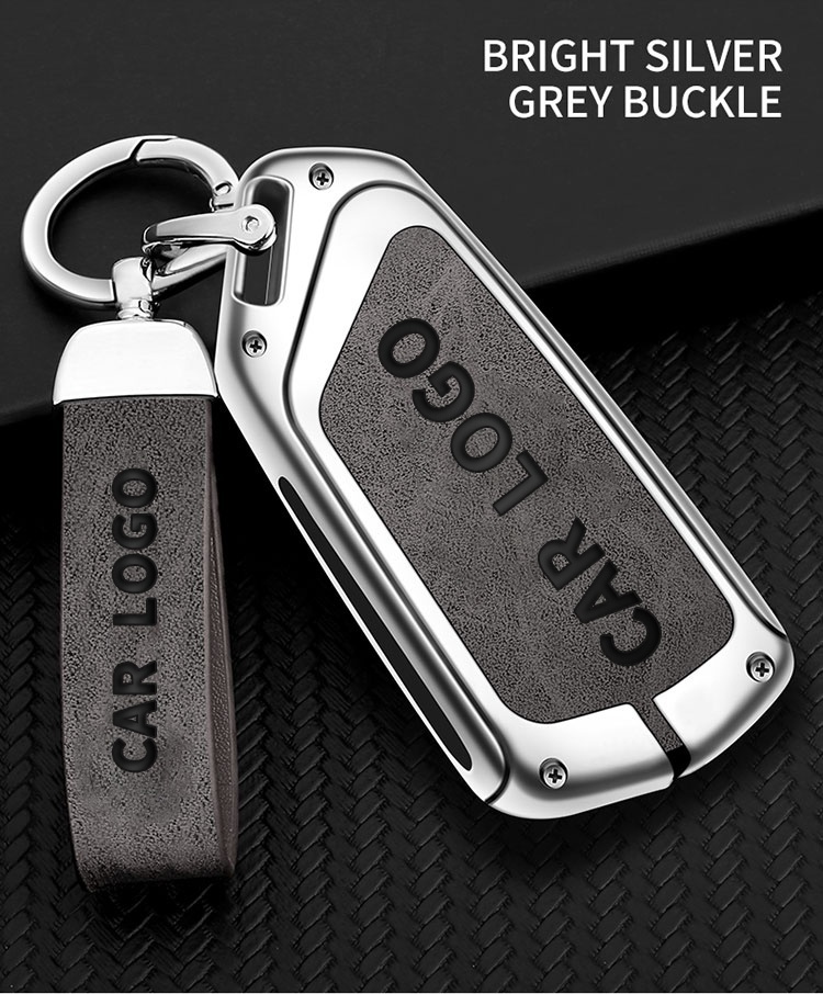 Bright silver grey + leather keychain