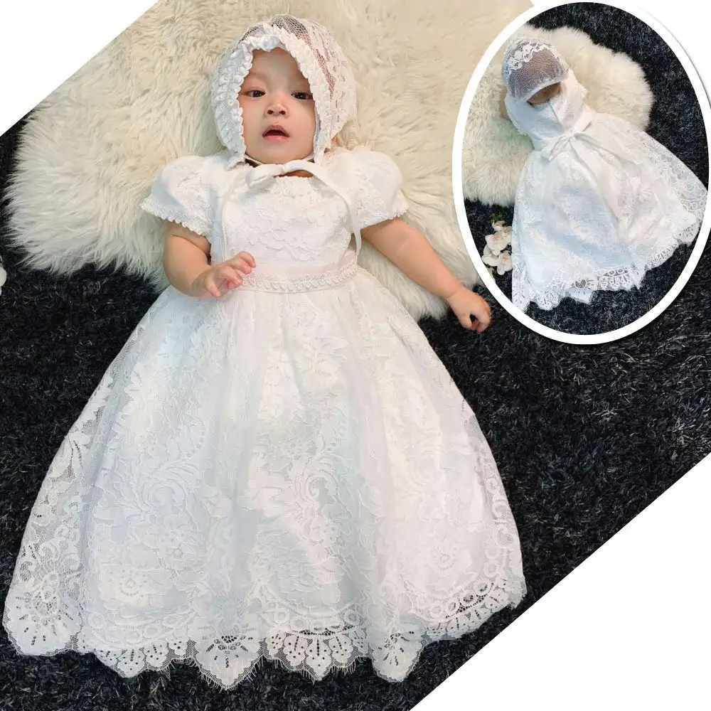 Vestido de bautismo de niña de último diseño, Material de encaje con sombrero, manga corta, niña, bautismo y bautizo