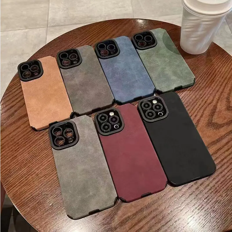 Màu da di động với ống kính máy ảnh cho iPhone 15 Pro PU trường hợp trở lại trường hợp đối với iPhone 14 13 12 điện thoại đơn giản trường hợp