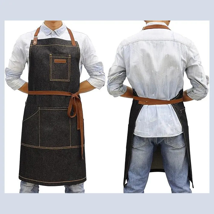 Avental jeans de cozinha com bolsos, avental profissional para chef, babador para churrasco e cozinhar, com alça de toalha e alças ajustáveis para pescoço