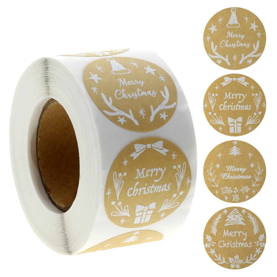 Pegatinas de Feliz Navidad, rollo de 1,5 etiquetas redondas de Kraft de 500 pulgadas para tarjetas, sobres, regalos de vacaciones, decoración de cajas