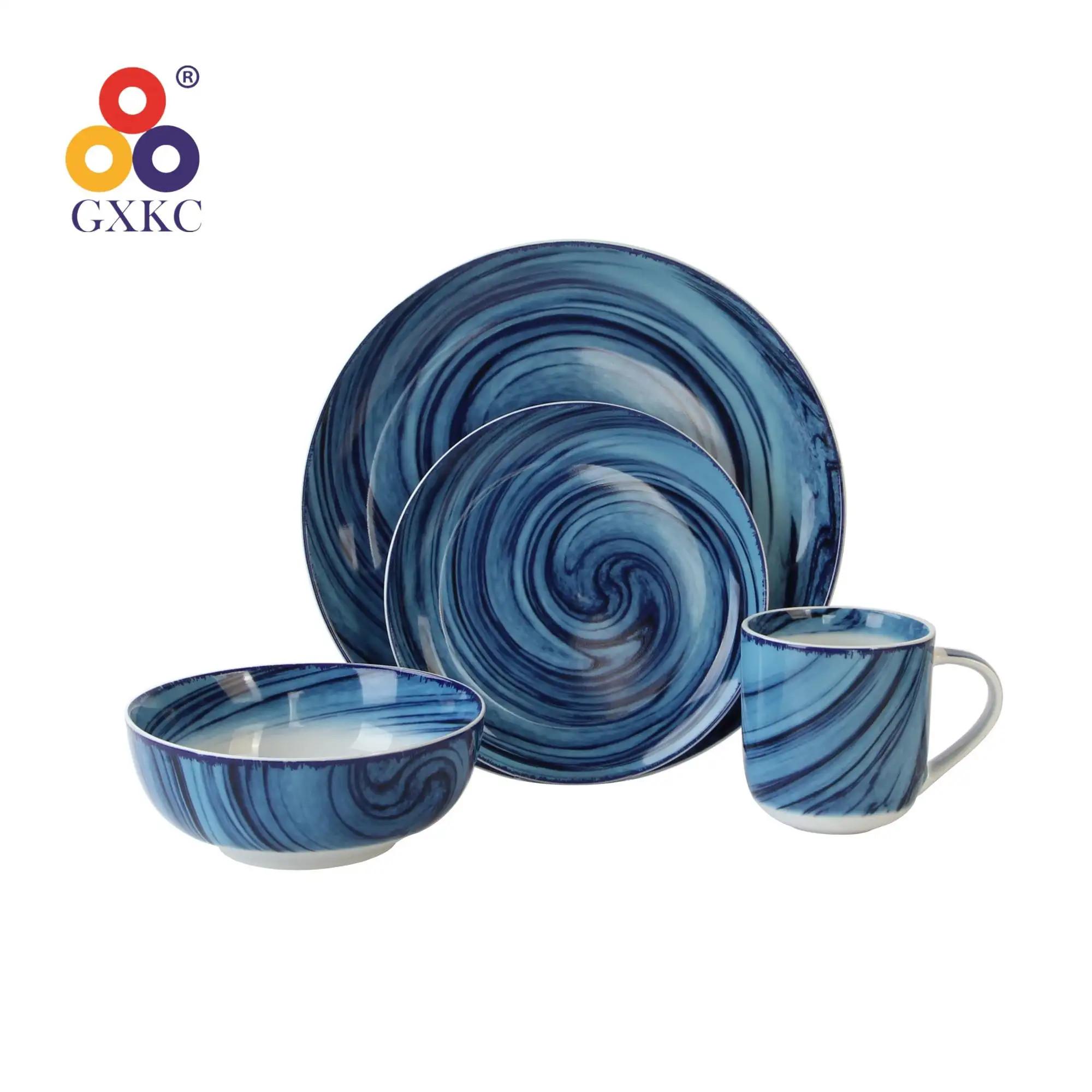 Promozione del nuovo anno GXKC linea di modelli di colore solido blu mare buona 16 pezzi Set di piatti promozionali in porcellana di osso nuovi di vendita calda