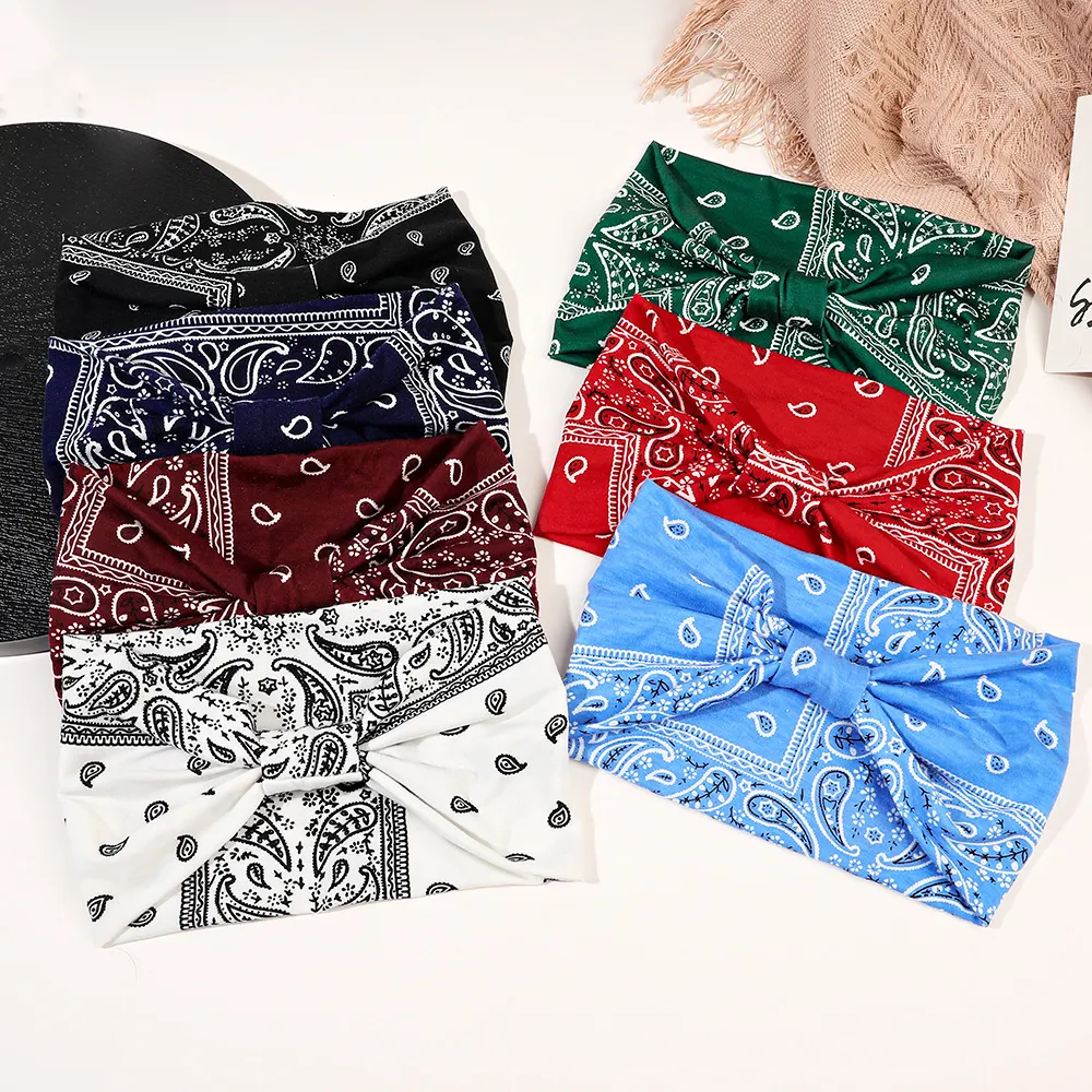 Sport Yoga Cashew Print Floral Elastic Turban Kopf wickel Breite geknotete Haar bänder Boho Bandana Paisley Stirnbänder für Frauen