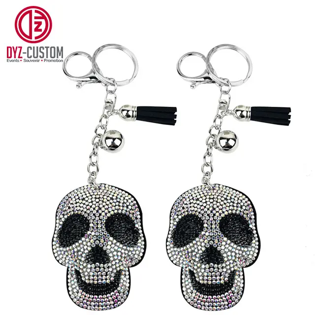 Hàn Quốc PU Kẽm hợp kim da Key Ring với nhung tua cướp biển Skeleton Rhinestone charm kim loại Keychain Ba lô Keyring