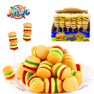 Nhà Máy Bán buôn giá cả phải chăng đầy màu sắc hộp trái cây hương vị kẹo Jelly, bánh hamburger hình dạng kẹo mềm, halal trẻ em lollipops - Product Image 1