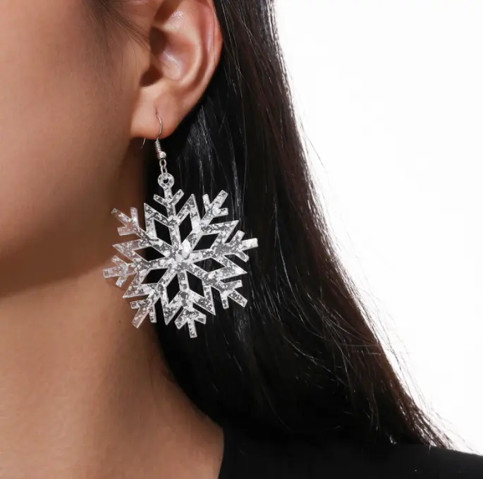 Christmas earhook silver edelweiss acrylic sequin snowflake pendant earrings