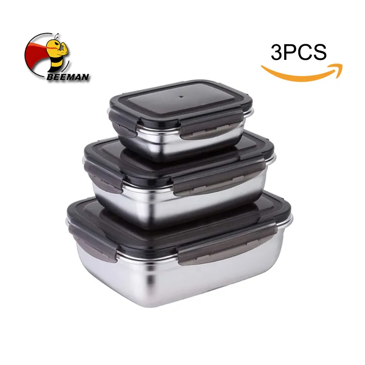 Beeman New Design 3Pcs Food Box Stainless Steel Container With Pp Airtight Lids