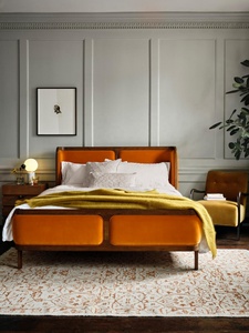 Solid Oak Mid-Century Style <strong>Bed</strong> With Velvet Upholstered Headboard Footboard Available in King <strong>Double</strong> <strong>Size</strong> French Design Style - Product Image 6