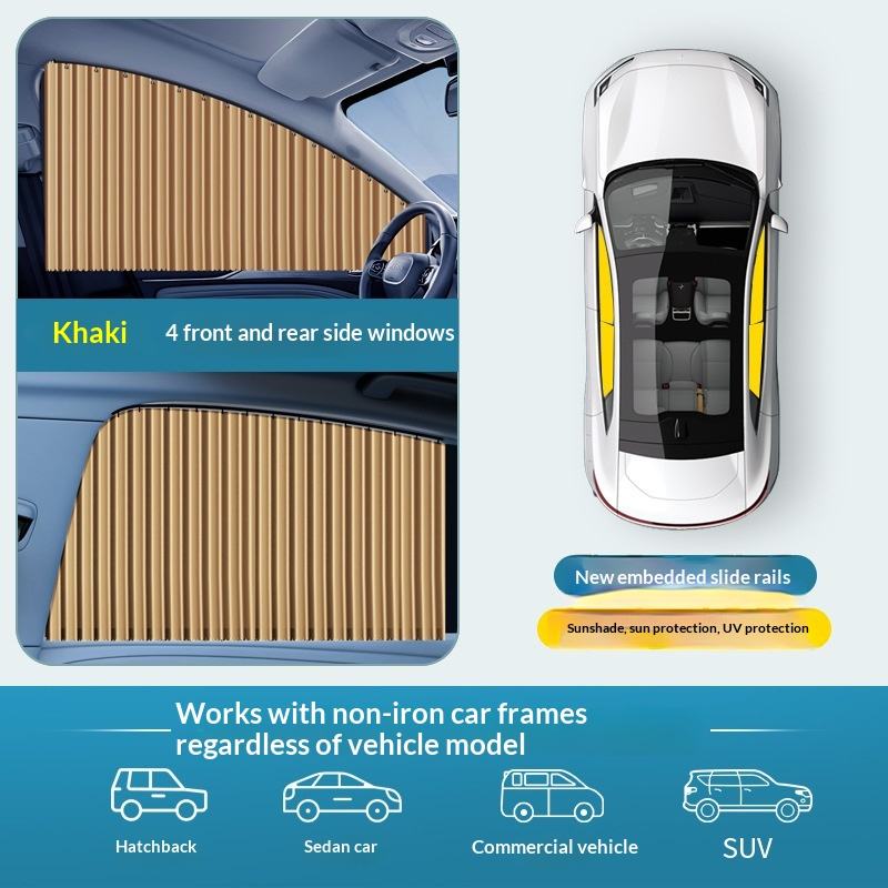 Cortina parasol de riel empotrado, juego de cuatro piezas color caqui.