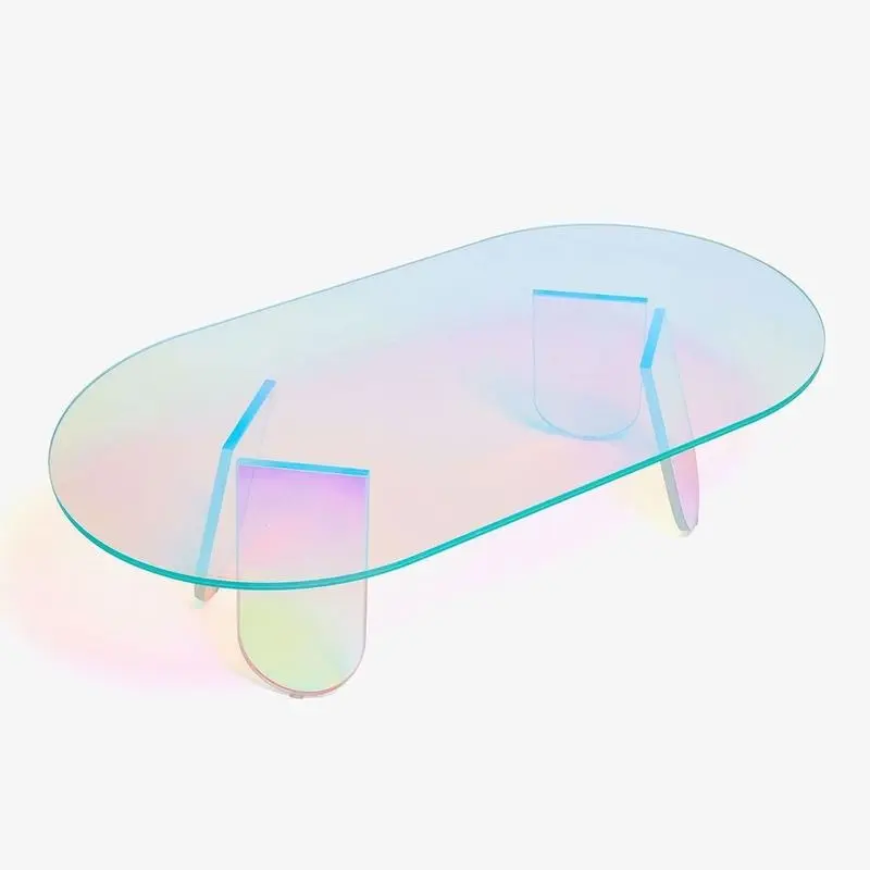 Tavolino da caffè in acrilico trasparente arcobaleno Nordic colorato fantasia minimalista iridescenza soggiorno lato rotondo cristallo metallo alluminio