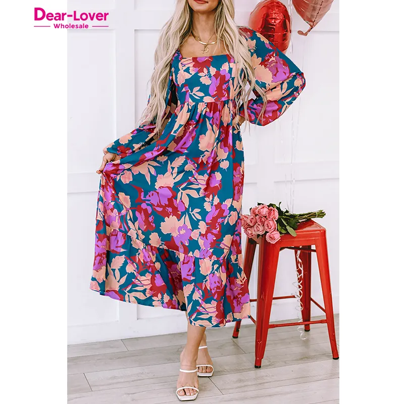 Dear-Lover Women Clothing Elegant Ladies Multicolour Floral Print Square Neck Ruffled High Waist Casual Dress