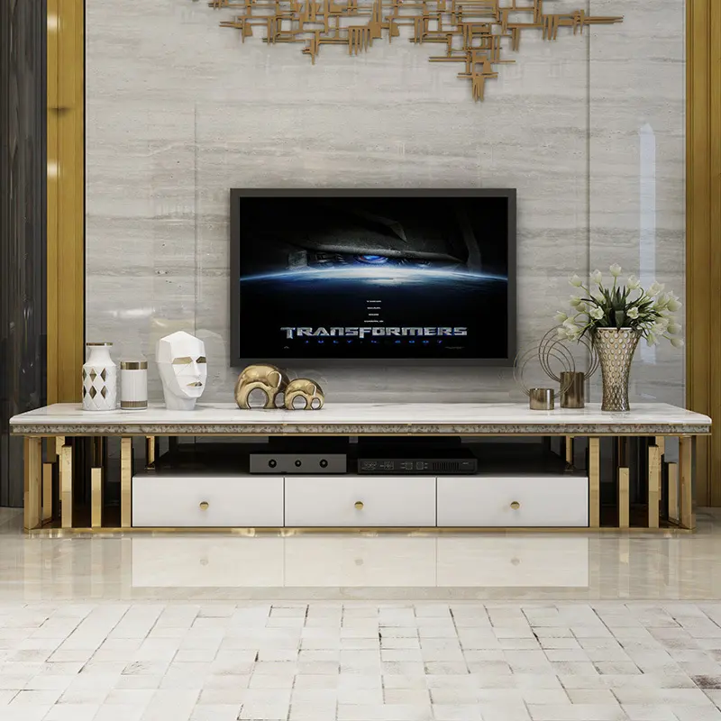 Meuble TV moderne de luxe avec cadre en acier inoxydable, plateau en marbre blanc, meuble TV de salon avec tiroir peint en blanc pour la maison